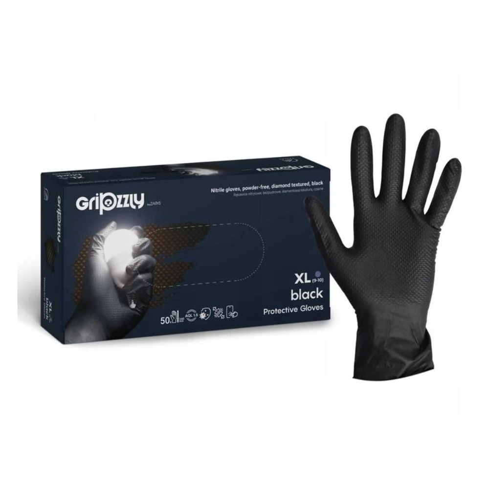 Zarys Gripzzly nitrilinės pirštinės, itin stiprios, 8g., juodos (50vnt.)