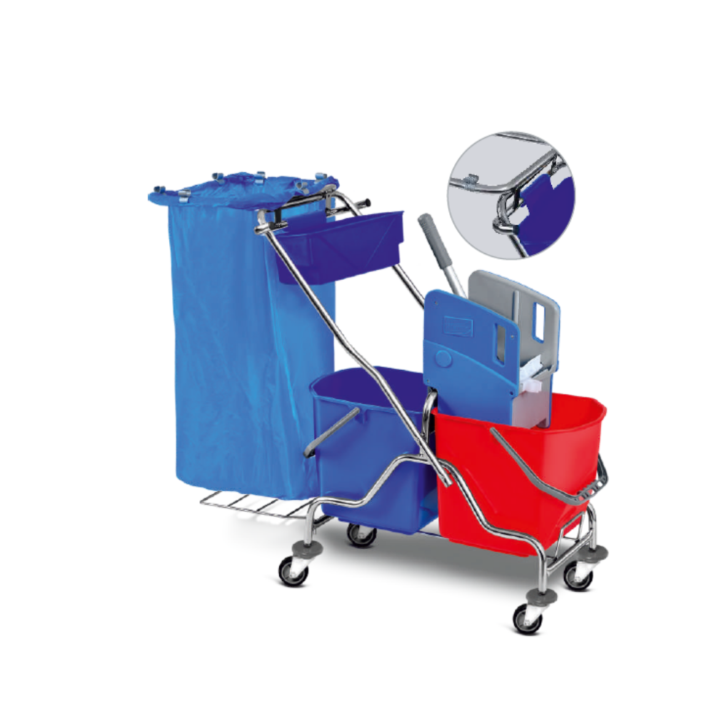 Valymo vežimėlis metaliniu rėmu ir laikikliu šiukšlių maišui